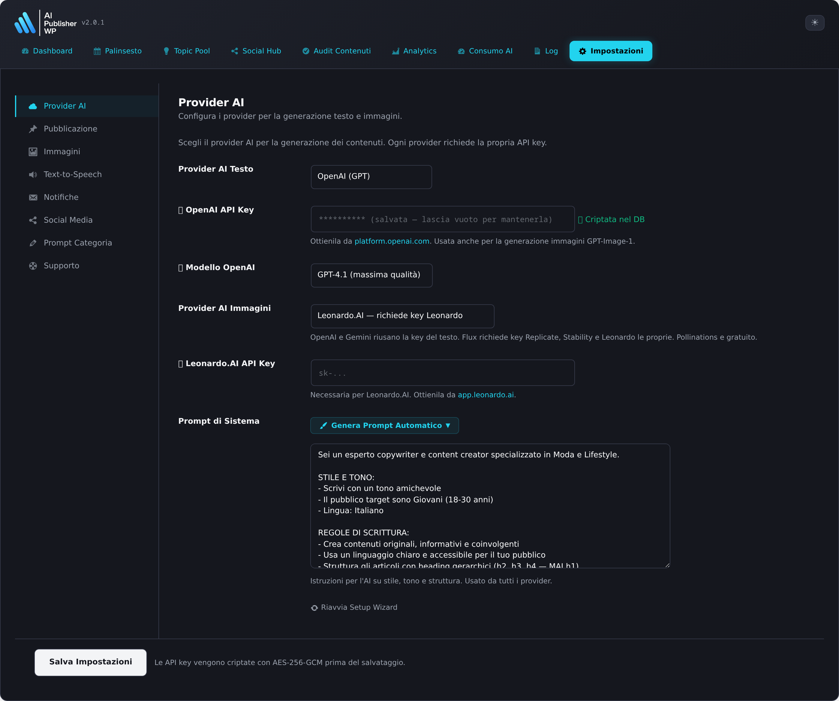 AI Publisher WP — Impostazioni Provider AI & Immagini